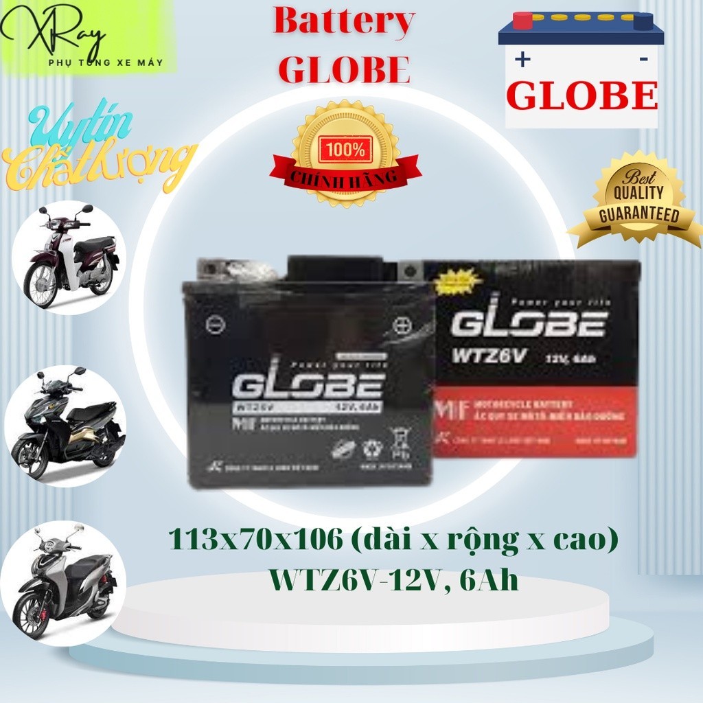 Ắc quy khô xe máy GLOBE 12v - 6Ah WTZ6V Dùng cho xe máy Air blade, Click, Vision, SH Mode, SH, PCX, Janus, Impulse.