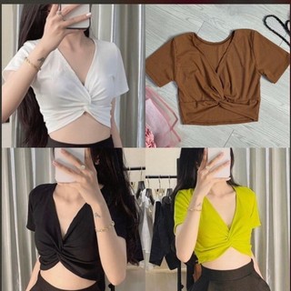 Áo croptop nữ xoắn eo tay ngắn cổ v vải gân cotton