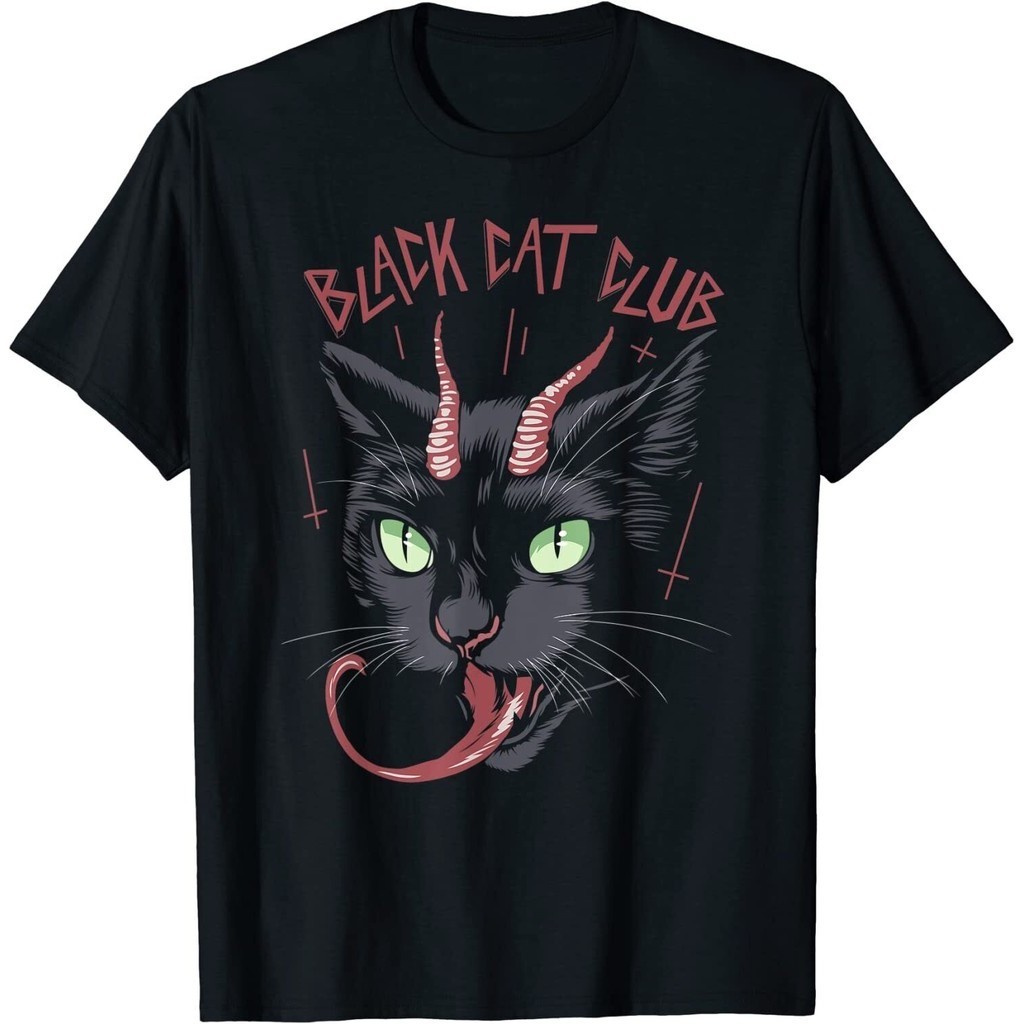 2024 Black Cat Club Satan Cat Devil Lucifer Occult Satanic Áo thun xs-3xl