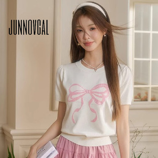 Áo thun nữ JUNNOVGAL Tất cả các trận đấu Màu sắc tương phản Nơ In đơn giản Phong cách mới tay ngắn