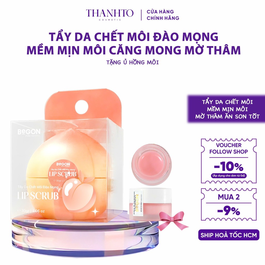 Tẩy Da Chết Môi BEGON Đào Mọng 30gr –Giúp Mịn Màng, Hồng Hào [Kèm Ủ Môi Hồng Hạnh Nhân 5gr ]