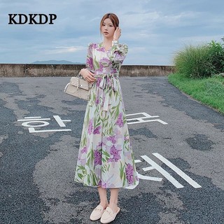 Kdkdp 2023 váy hoa ngày lễ bohemian mới, váy dài vừa phải phong cách cổ chữ V