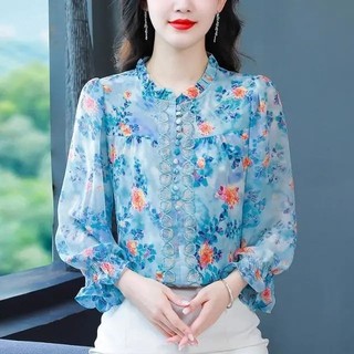 Mùa Xuân Thu Mới Thời Trang In Hình Đèn Lồng Tay Áo Voan Rời Mẹ Top Plus Kích Thước Tay Dài Đáy Áo Sơ Mi