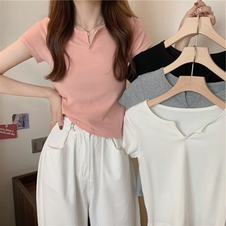 Nhỏ Cổ Chữ V Nhỏ Thiết Kế Ngắn Sense Slim-Fit Top Nữ Mùa Hè Rốn Màu Trơn Áo Thun Ngắn Tay Nữ Gợi Cảm Ngoại Thương Quần Áo Nữ Hợp Thời Trang