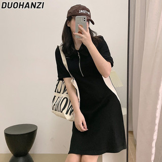Duohanzi Đầm ôm Size Lớn Cổ Polo Mùa Hè Tay Ngắn Dây Kéo Slim Slim Đen Váy Chữ A
