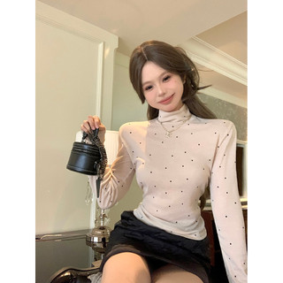Gợi Cảm Hơi Trong Suốt Đáy Áo Sơ Mi Nữ Tính Khí Cổ Cao Chấm Bi Dài Tay t