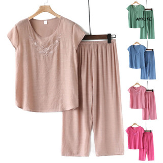 Ayyufe 2 Cái / bộ Bộ Quần Crop Top Cổ Tròn Thêu Màu Trơn Cổ Tròn Tay Ngắn Xếp Ly Co Giãn Eo Ống Rộng Trang Phục Hàng Ngày