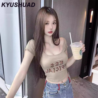Kyushuad Sợi mới thuần khiết khao khát cô gái nóng bỏng gợi cảm mỏng cổ áo thun ngắn tay một chữ dành cho nữ