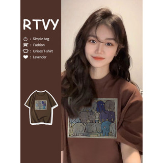 「RTVY」Mỹ Retro Lỏng Lẻo Lắp Áo Thun Tay Ngắn Oversize Lười Hoạt Hình In Hình Voi Cổ Tròn