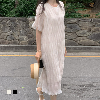 Hành quân | Hàn Quốc Sang Trọng Mùa Hè Ánh Sáng Trưởng Thành Thiết Kế Sóng Xếp Ly Tay Ngắn Váy Voan Đầm Sản Phẩm Mới
