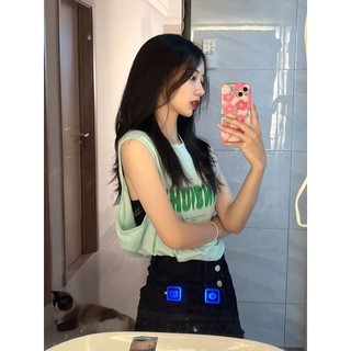 Jiashuchen Mỹ Retro Xanh Nguyên Chất Cotton Không Tay Áo Thun Nữ Rời Mùa Hè Niche Thiết Kế Ngọt Cay Bóng Rổ Top