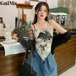 Guima Mới Tranh Mực Không Đều Ống top suspender Phù Hợp Với Nữ Tay Ngắn Chống Nắng Áo Bộ Hai Mảnh