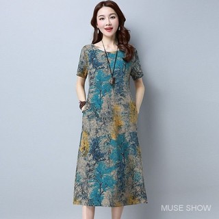 Đầm nữ cỡ lớn phong cách dân tộc, dáng rộng, in họa tiết, mùa hè, dài, ôm eo, tôn dáng, chất liệu cotton nguyên chất, phong cách vintage Pháp, đầm đi biển.