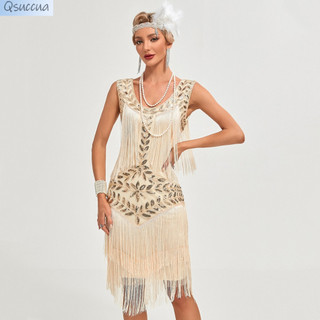 Qsuccua Người Lớn Nữ Dự Tiệc 1920S Retro Gatsby Hình Chữ U Cổ Đính Hạt Tua Rua Đầm