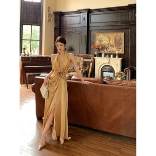 Liasynn cao cấp pháp cổ chữ v dây hoa hồng vàng đầm hoa hồng đầm vàng đầm đầm cao cấp đầm