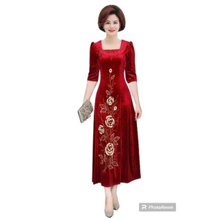 Đầm dạ hội trung niên đi tiệc vải nhung cổ vuông hoa hồng đính đá, Đầm dạ hội nhung cổ vuông hoa hồng, Đầm dạ hội trung