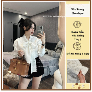 T289 Set áo sơ mi ren nơ mix chân váy chữ A tuyết mưa kèm tag đá có bán tách set hàng chuẩn chất đẹp