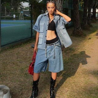 BigSize Short Sleeve Denim Shirt -   Áo sơ mi denim túi hộp form rộng tay ngắn