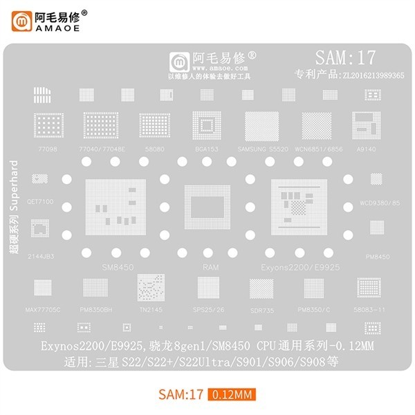 Vỉ làm chân IC Amaoe Sam:17 / S22 / S22+ / S22 Ultra / S901 - 906 - 908 / Exynos 2200 / E9925 / 8gen