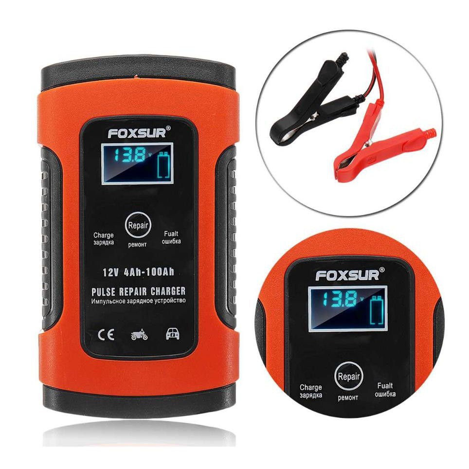 Sạc bình ắc quy ô tô xe máy FOXSUR 12V 100AH dòng sạc 5A sạc nhanh bảo vệ ắc quy có khử sunfat
