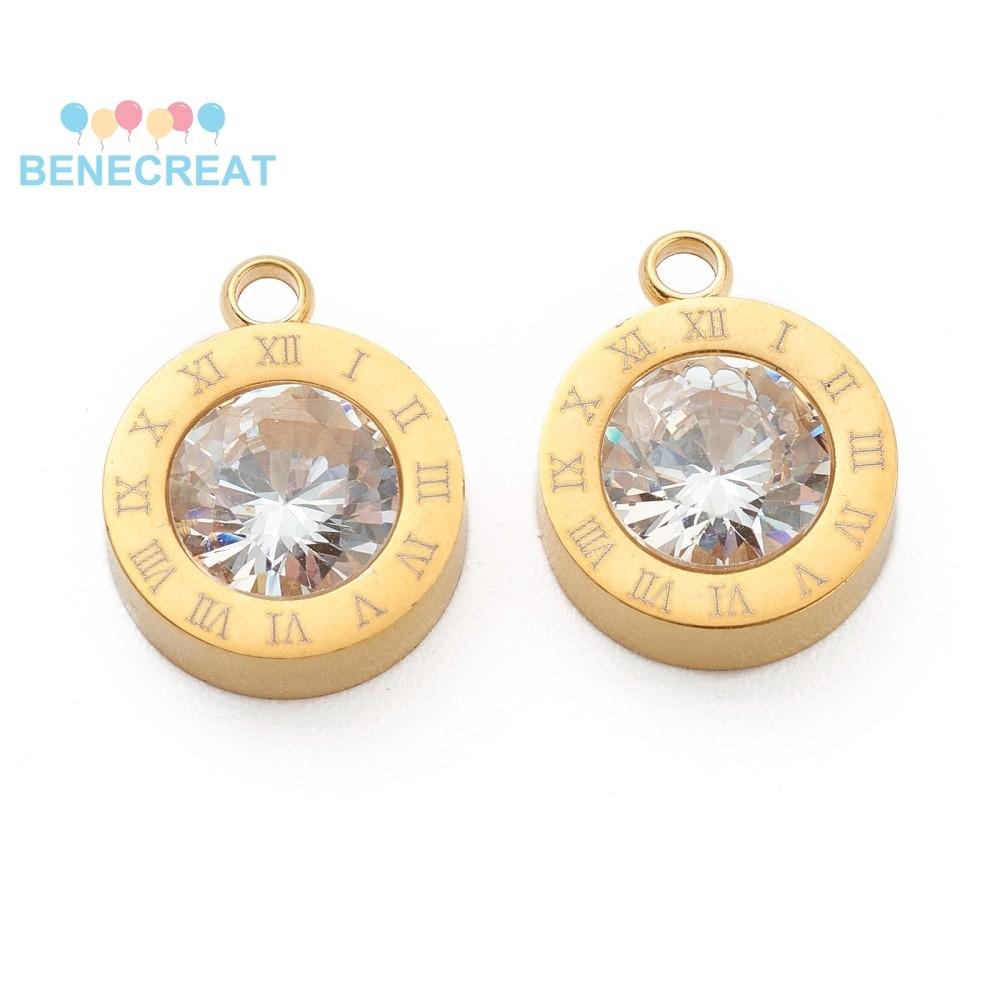 Benecreat 10pc Thép không gỉ 304 Kim cương giả Charm Tròn phẳng với số La Mã Vàng 14x11x4.5mm Lỗ: 1.
