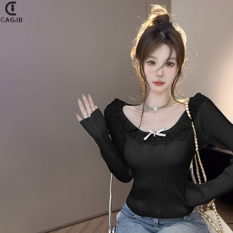 Sang Trọng Slim Fit Ngắn Top Ngọt Ngào Ren Nơ Chắp Vá Tay Dài Dệt Kim Áo Len YOMG