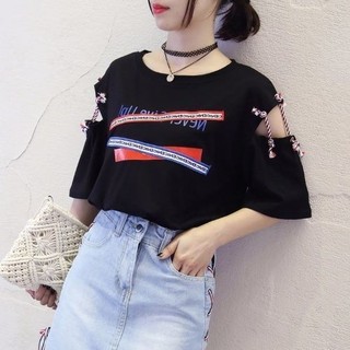 Áo thun nữ tay ngắn lệch vai phong cách Harajuku dáng rộng vừa vặn ngọt ngào tươi mát Tính khí hàng đầu