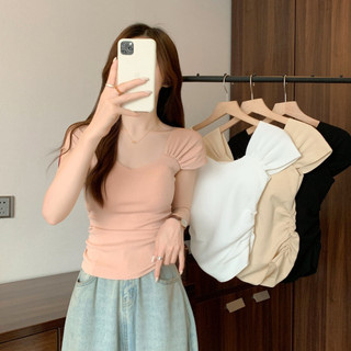 Phiên bản Hàn Quốc / size lớn / phong cách hot girl / cổ vuông / vai phải / áo thun ngắn tay dành cho nữ / 2024 / mùa hè / phong cách mới / thon gọn / phong cách Pháp / top VJQG