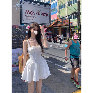 Đầm Sling Trắng 2024 Phong Cách Mới Nữ Xuân Thu Thu Eo Eo Ôm Hơn Váy Ngắn