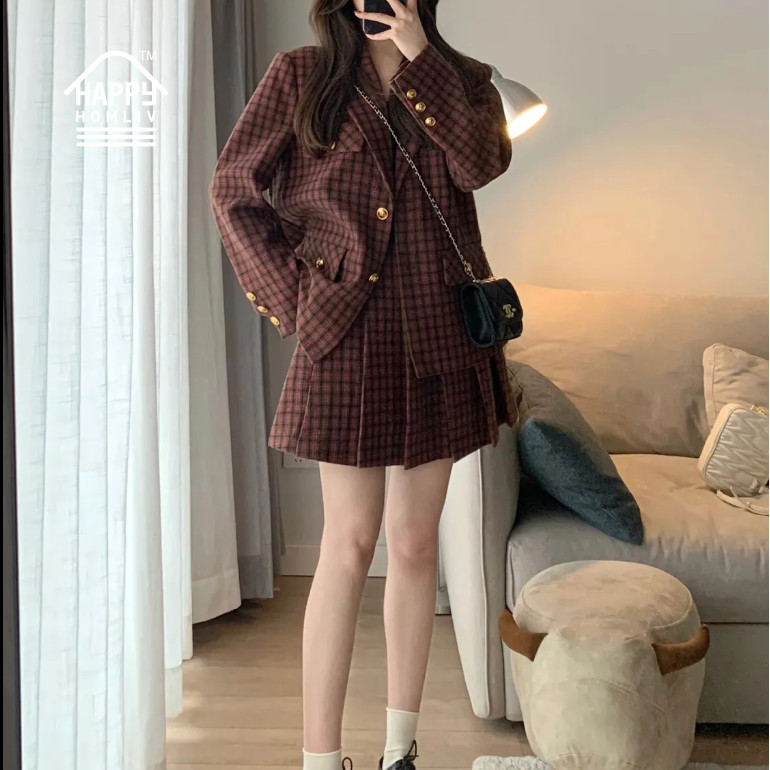 HAPPY HOMLIV Bộ Áo Khoác Vest + Chân Váy Xếp Ly Lưng Cao Phong Cách Preppy Cổ Điển Thời Trang Cho Nữ