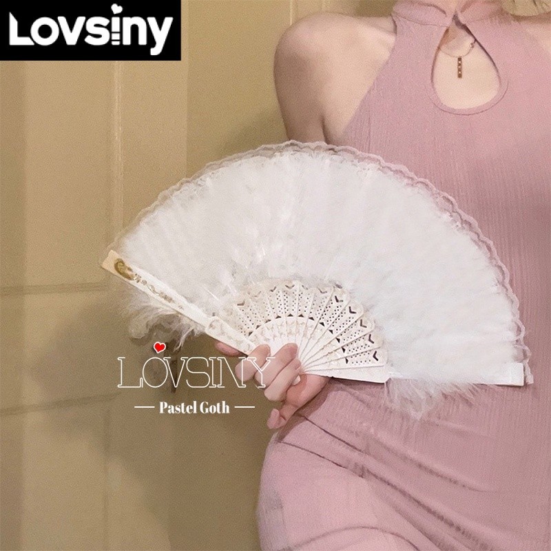 Quạt Xếp Phối Ren Lông Vũ 5 Màu Tùy Chọn Dùng Hóa Trang