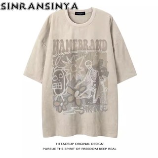Sinransinya Áo thun nam mới kiểu Mỹ cổ điển đường phố haute couture da lộn in họa tiết chữ cái thời trang của cặp đôi La Mã cổ áo nửa tay