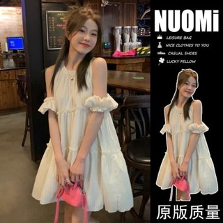  Váy babydoll lệch vai có dây buộc cổ áo phồng váy nữ có thiết kế gân loe 