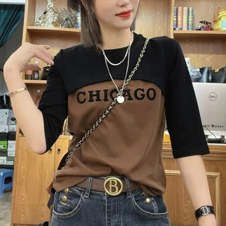 (3 Màu) (45-130kg) Áo thun nữ ngoại cỡ Thiết kế chắp vá nửa tay cổ tròn Plus Size Slim Fit Top