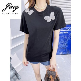 Áo thun ngắn tay trang trí hình con bướm kim cương giả nặng