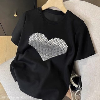 100% Cotton Retro Công Nghiệp Nặng Nóng Khoan Ngắn Tay Áo Thun Nữ Mùa Hè Mặc Giữa Chiều Dài Thiếu Cơ Thể Dưới