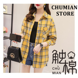 Áo sơ mi nữ ca rô phiên bản Hàn Quốc dáng rộng dài tay Áo sơ mi Cotton cổ điển