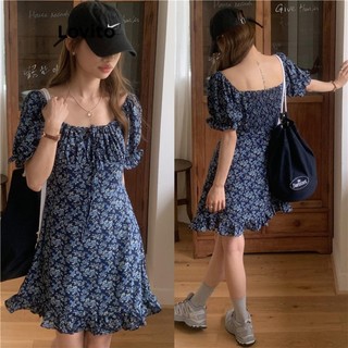 Đầm Lovito viền nhún bèo có dây rút họa tiết hoa nhí phong cách thường ngày dành cho nữ LNE53464