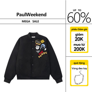 PaulWeekend Áo khoác Bomber thêu đồng phục bóng chày mơ đen M-2XL