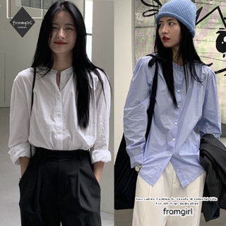 Phiên bản Hàn Quốc cổ tròn trắng áo sơ mi nữ dài tay mùa thu 2024 áo sơ mi cotton thiết kế cổ điển cảm giác bong bóng ins