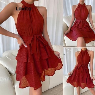 Đầm Lovito vải jacquard phối thắt lưng hai lớp màu trơn thường ngày cho nữ LNE27045 (màu đỏ)