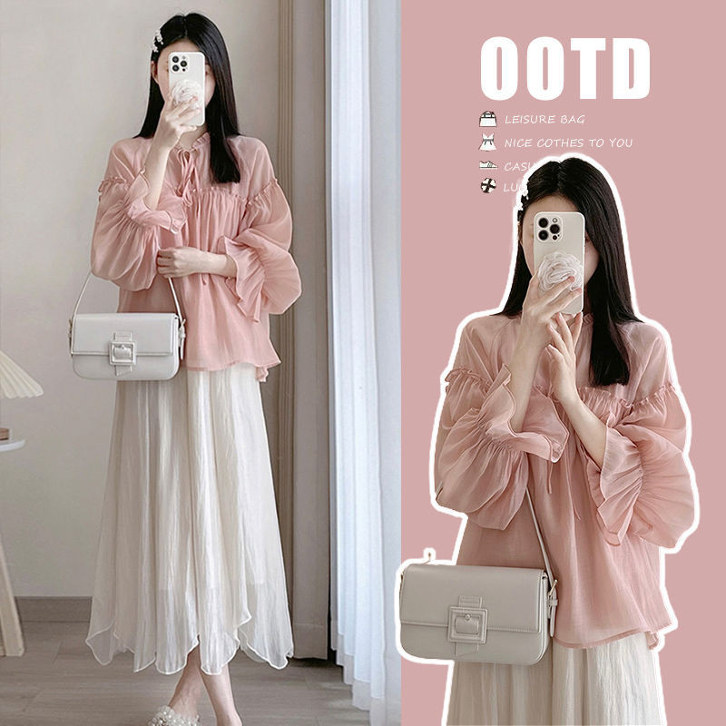 Trang phục bà bầu Bộ đồ bà bầu Áo sơ mi bà bầu Áo sơ mi bà bầu Váy mùa xuân thu mới Phong cách thời trang Áo sơ mi tay phồng thời trang Váy bà bầu mùa hè Pháp ngọt ngào phù hợp với