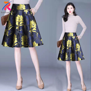 Ruidiandiandian Váy nửa dài eo cao dành cho nữ Xuân Thu Phiên bản Hàn Quốc thời trang in hình Giảm béo chữ A xếp ly Peng Peng Váy ô lớn