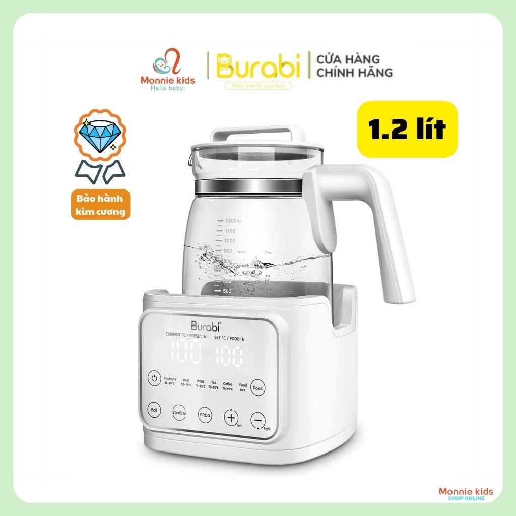 Bình đun nước pha sữa giữ nhiệt Burabi 1.2 lít, Máy đun nước hâm sữa siêu tốc - Monnie Kids