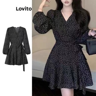 Đầm Lovito đắp chéo tay phồng chấm bi thường ngày cho nữ LNE27238 (Màu đen)