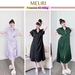 Váy ngủ lụa sơ mi MEURI đầm pijama mặc nhà cài cúc suông rộng bigsize chất lụa xướt mềm mượt thoáng mát.