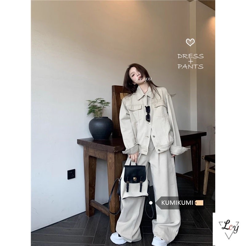 Set Áo Khoác denim Dài Tay + Quần denim Dài Ống Rộng Thời Trang Mùa Thu Cho Nữ y2k Millet