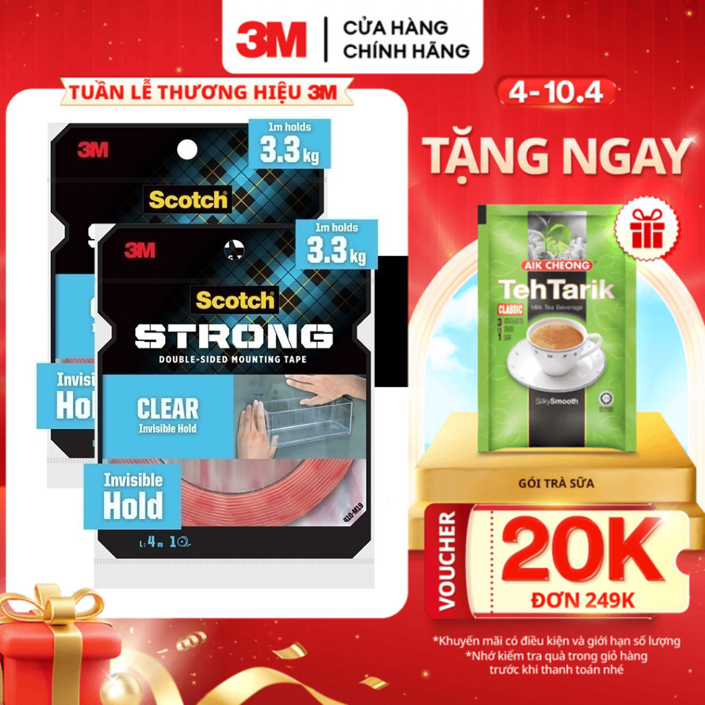 Combo 2 Băng keo hai mặt trong suốt 3M™ Scotch® 410-M19 -Dính siêu tốt,độ bền cao,chống tia UV,kéo nhẹ nhàng,cắt dễ dàng