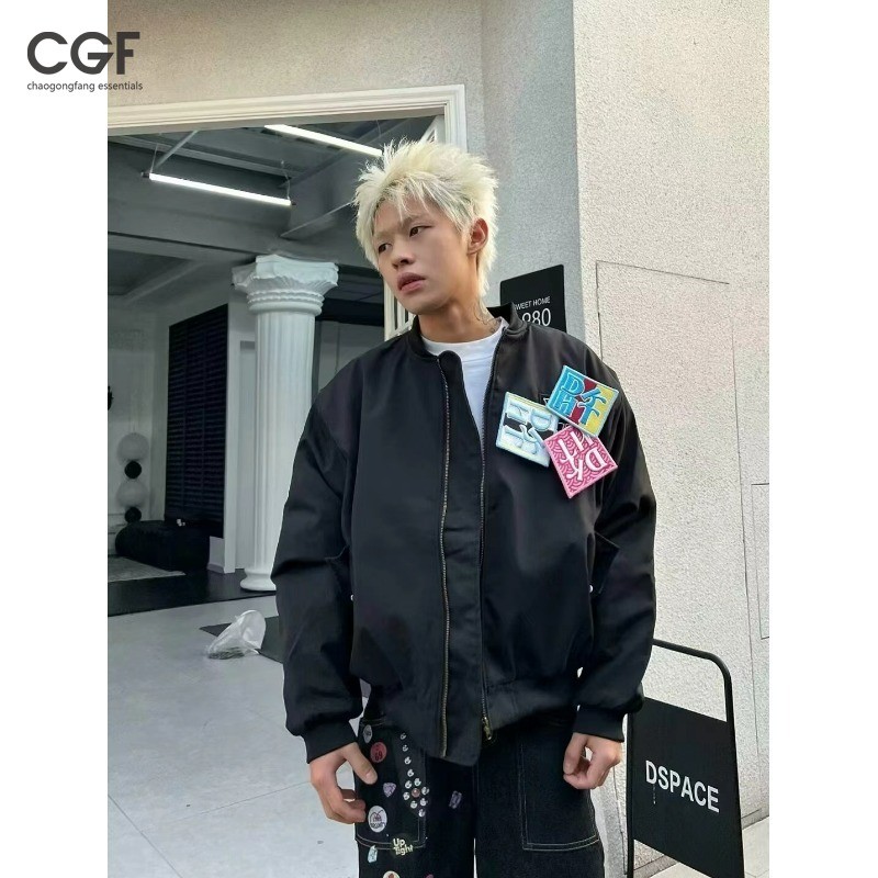 Áo khoác Bomber thêu mùa xuân mới Xám đen M-2XL