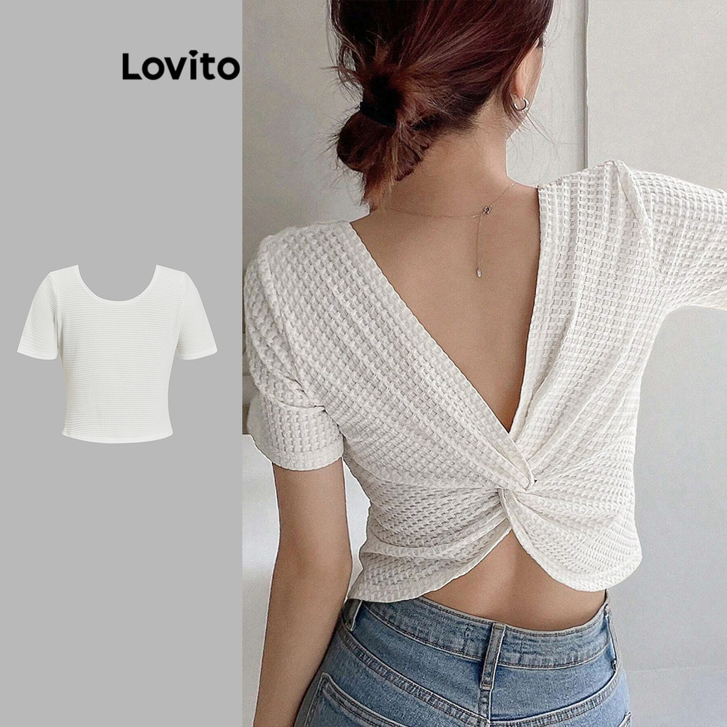 Áo thun Lovito vải waffle dệt kim hở lưng thắt nút màu trơn thanh lịch cho nữ L77ED208